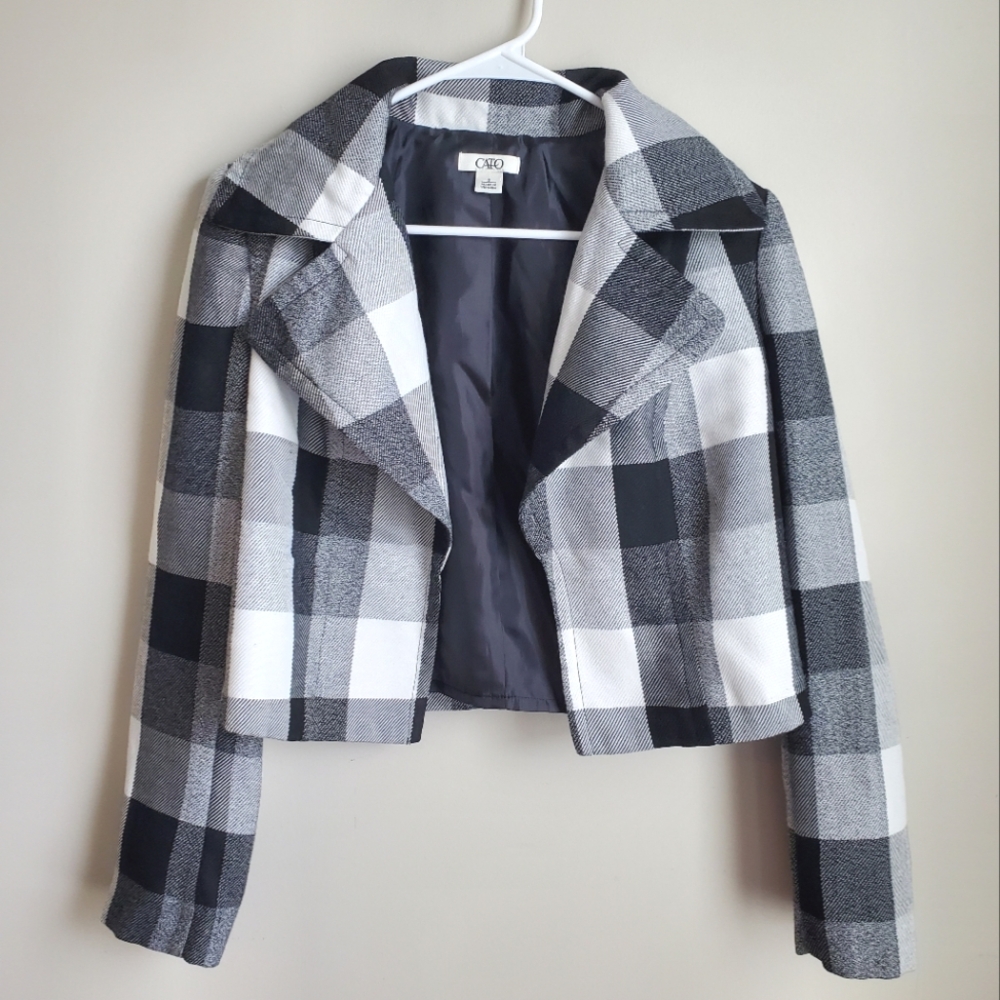 CATO Size S Black White Plaid Lined Open Front Cropped Jacket